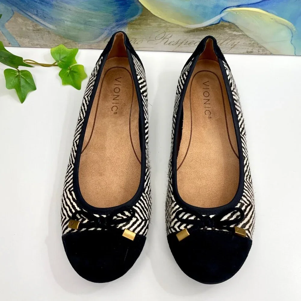 Vionic Minna Zebra Print Ballet Flats With Bow Detail -‎ Black & White Size 6